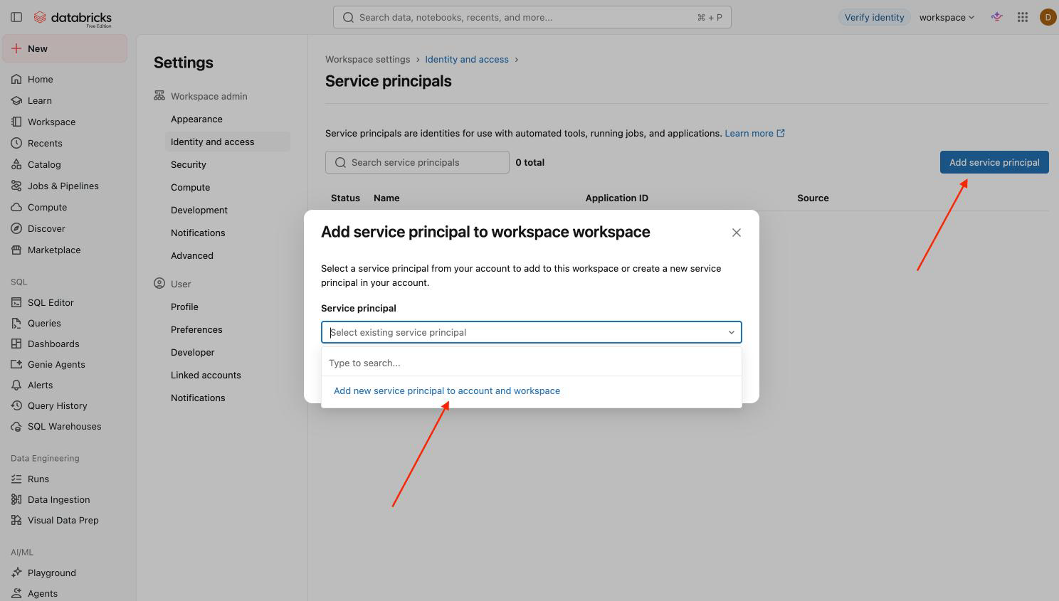 Add service principal dialog with Add new service principal to account and workspace selected