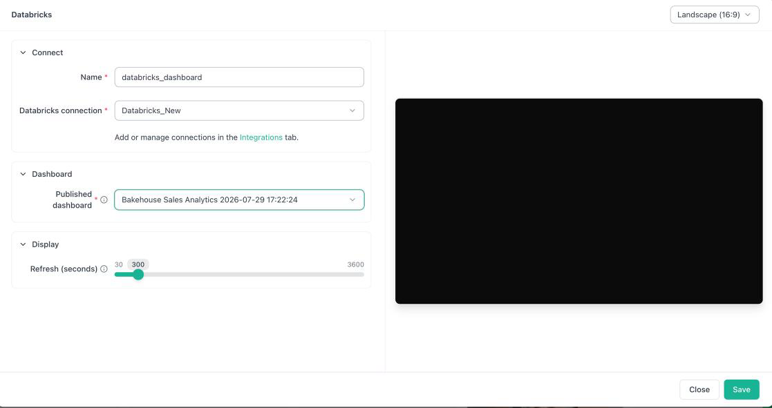 OptiSigns Databricks app settings with connection, published dashboard and refresh interval