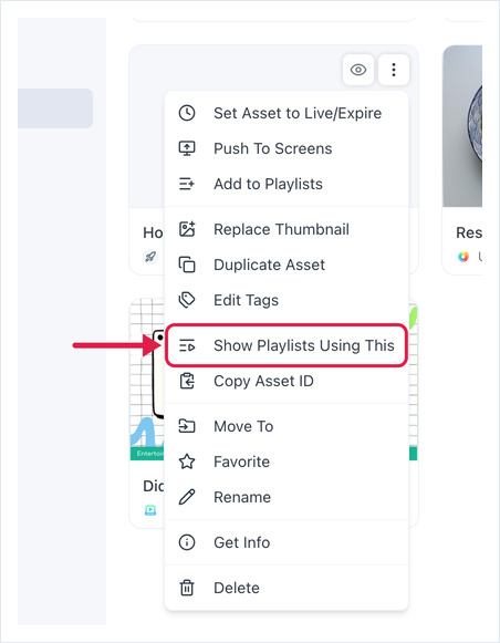 Files/Assets asset menu open with Show Playlists Using This highlighted