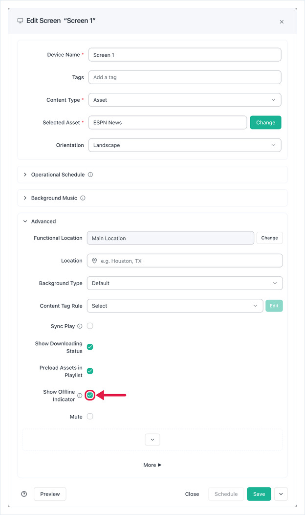 Edit Screen dialog with the Advanced section expanded and Show Offline Indicator checked