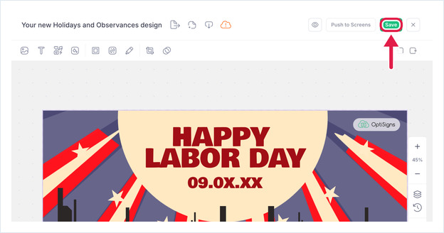 Designer-Symbolleiste mit hervorgehobenem „Save“; „Push to Screens“ ist ausgegraut
