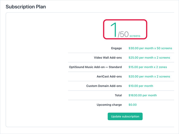 Subscription Plan showing 1 of 50 screen licences in use