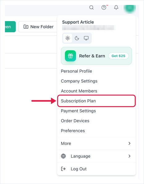 Account menu with Subscription Plan highlighted