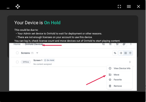 Player screen reading Your Device is On Hold, with the portal's OnHold Devices folder inset