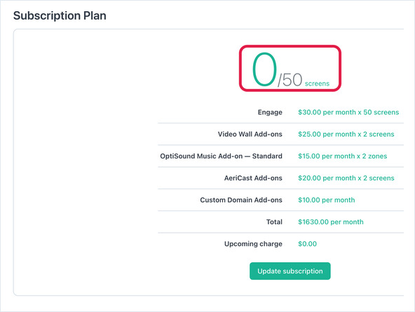 Subscription Plan showing 0 of 50 screen licences in use after the move