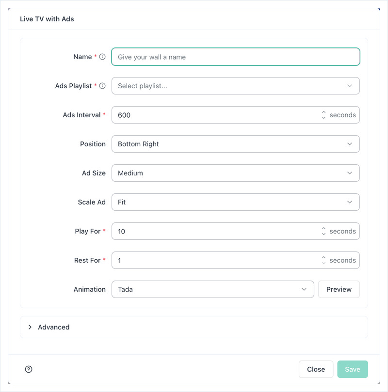 Formulario de configuración de Live TV with Ads: Nombre, Lista de reproducción de anuncios, Intervalo de anuncios, Posición, Tamaño del anuncio, Animación