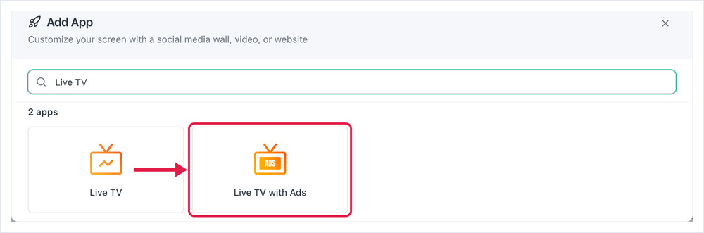 「アプリを追加」ダイアログで Live TV を検索し、「Live TV with Ads」のタイルが強調表示されています