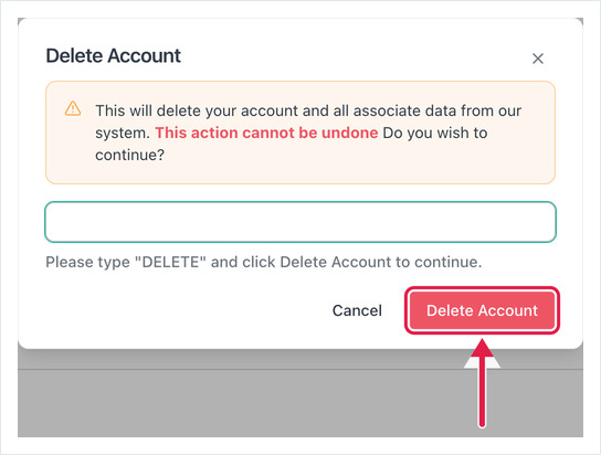 Delete Account confirmation dialog with the Delete Account button highlighted