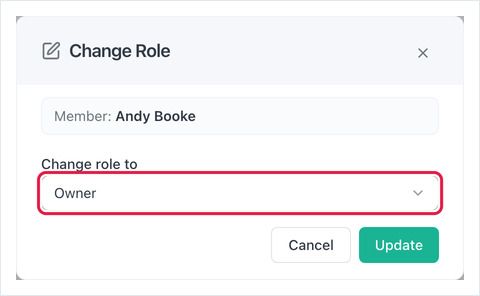 Diálogo Change Role con Change role to establecido en Owner y el botón Update