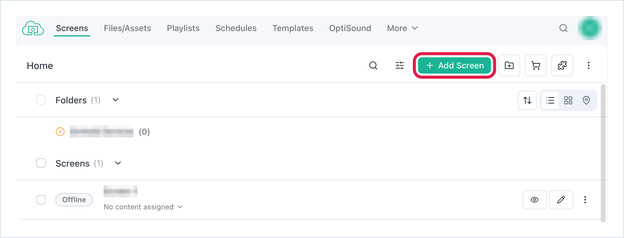 OptiSigns Screens page with the Add Screen button highlighted