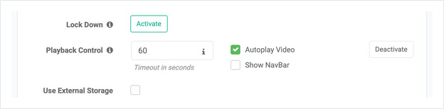 Playback Control row: timeout 60, Autoplay Video checked, Show NavBar unchecked, Deactivate button