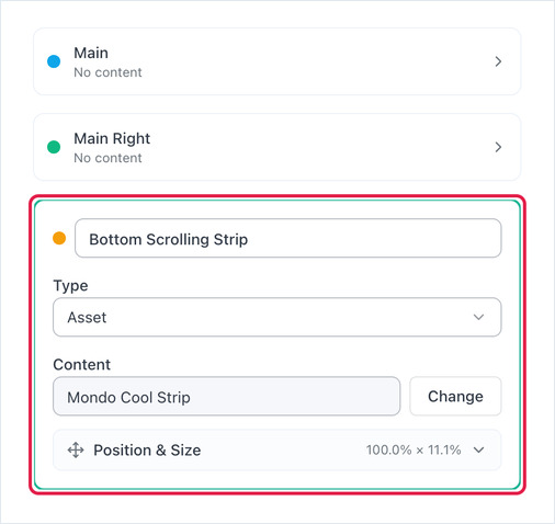 The Split Screen zone editor, with the Bottom Scrolling Strip zone set to the scrolling strip asset