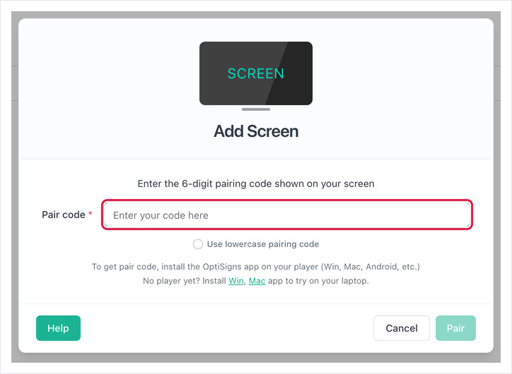 Add Screen dialog with the Pair code field highlighted