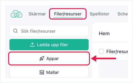 Sidan Filer/resurser med knappen Appar markerad
