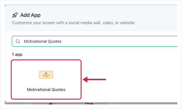 The Add App dialog searched for Motivational Quotes, with an arrow pointing to the Motivational Quotes tile