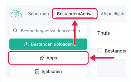 Tabblad Bestanden/Activa en de knop Apps gemarkeerd in het OptiSigns-portaal
