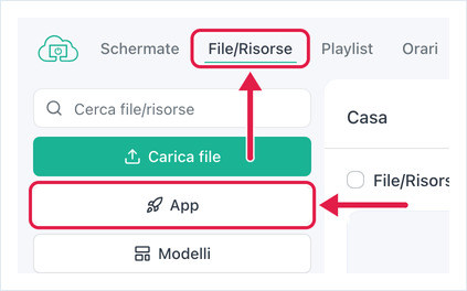 Scheda File/Risorse e pulsante App evidenziati nel portale OptiSigns