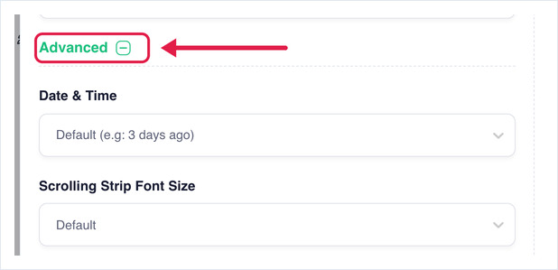 The Advanced toggle highlighted, revealing the Date & Time and Scrolling Strip Font Size options.