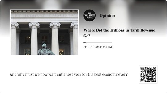 La aplicación Wall Street Journal en una pantalla: titular de Opinion, foto, fecha y un código QR para abrir el artículo.