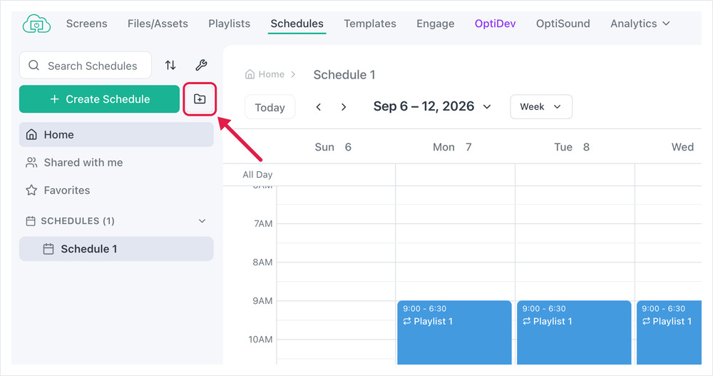 OptiSigns Schedules page with the Add Folder icon button highlighted beside Create Schedule