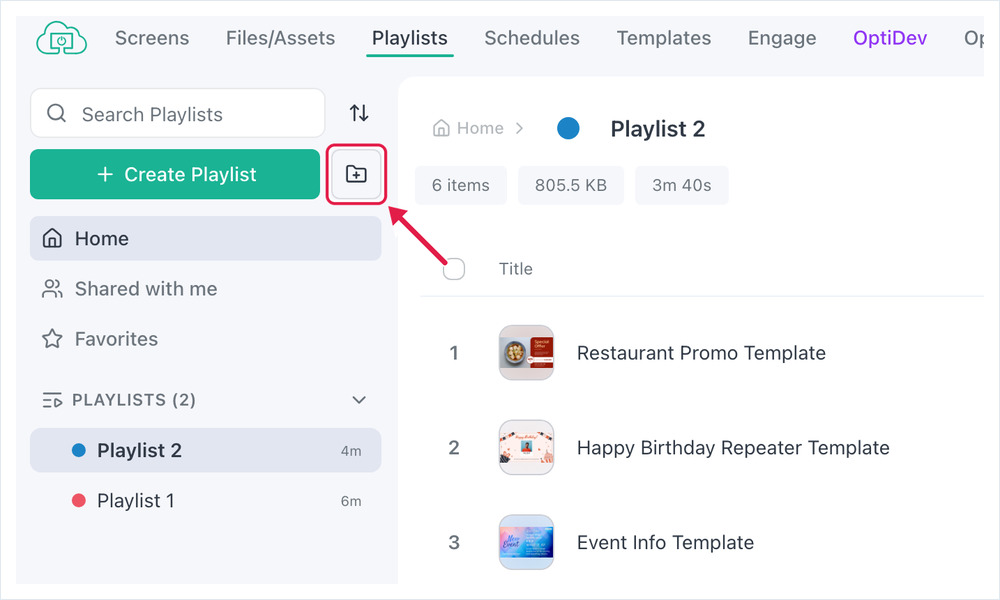 OptiSigns – Playlist con l’icona Aggiungi cartella evidenziata accanto a Crea playlist