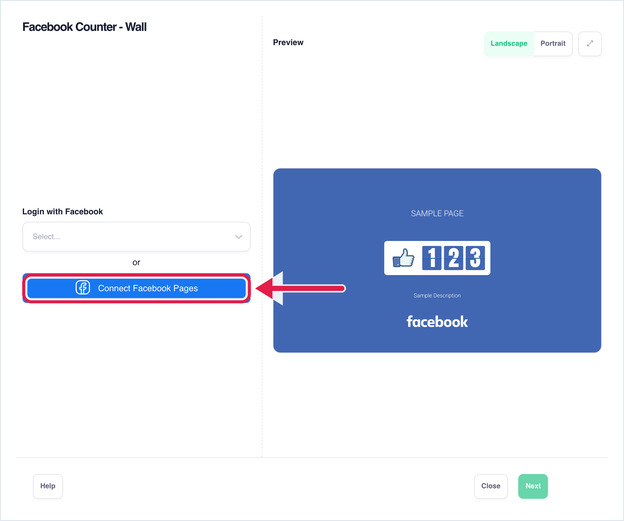 Facebook Counter setup with the Connect Facebook Pages button highlighted