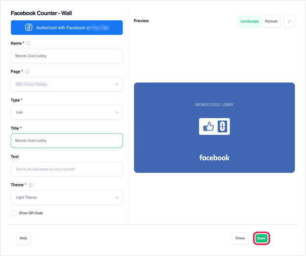 Facebook Counter settings filled in, with the Save button highlighted