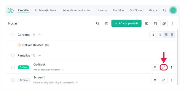 Fila de la lista de pantallas con el botón Editar resaltado
