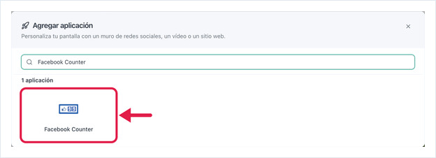 Diálogo Agregar aplicación, búsqueda de Facebook, aplicación Facebook Counter resaltada