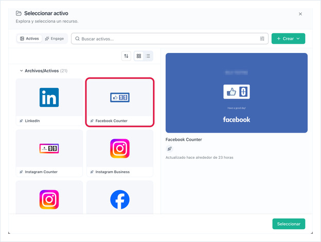 Diálogo Seleccionar activo con la cuadrícula de activos y el panel de vista previa