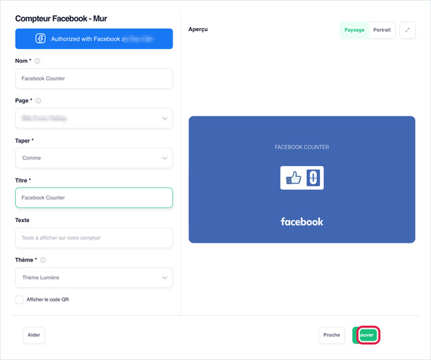 Facebook Counter : champs Nom, Page, Type, Titre, Texte et Thème avec aperçu