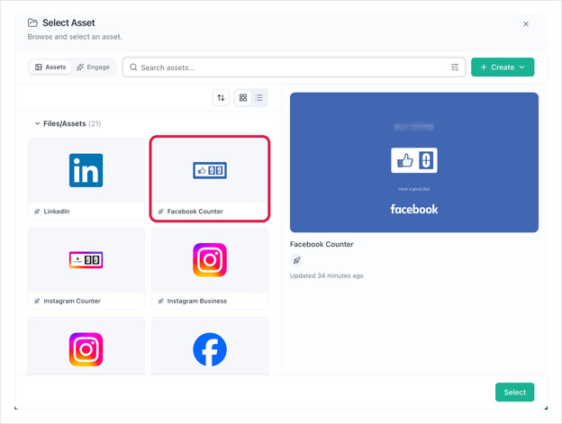 Select Asset dialog with the Facebook Counter asset highlighted and previewed