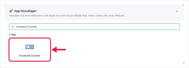 Dialog App hinzufügen, Suche nach Facebook, App Facebook Counter hervorgehoben