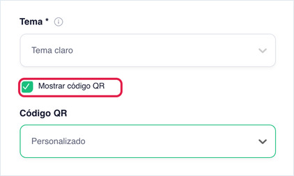Mostrar código QR marcado e a lista Código QR definida como Personalizado