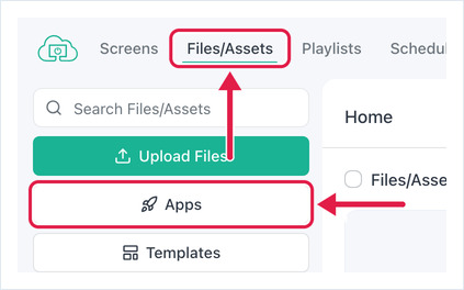 OptiSigns Files/Assets page with the Files/Assets tab and the Apps button in the left panel highlighted.