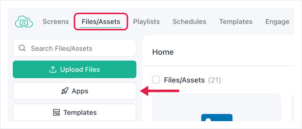 portal OptiSigns com o separador Ficheiros/Ativos e o botão Apps destacados