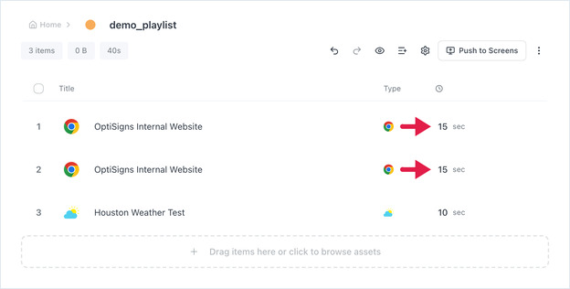 OptiSigns playlist editor showing demo_playlist with three items; the first two are set to 15 sec.