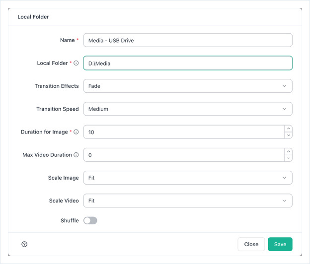 Formulário de configurações do Local Folder: Name, caminho, transições, durações, escala e Shuffle
