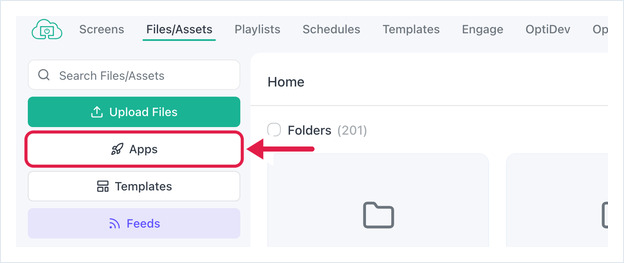 OptiSigns-pagina Files/Assets met een rode pijl naar de knop Apps in de linkerzijbalk
