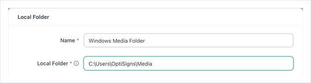 Dialoogvenster Local Folder met Name Windows Media Folder en het pad C:\Users\OptiSigns\Media
