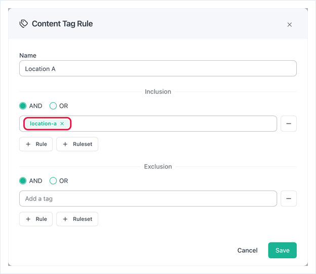 Content Tag Rule dialog named Location A including the tag location-a