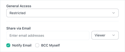 Share Link dialog showing General Access set to Restricted above the Share via Email address field.