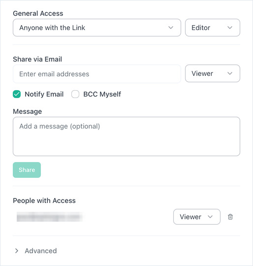 Folder Share Link dialog: General Access set to Anyone with the Link with Editor role, and the email field.