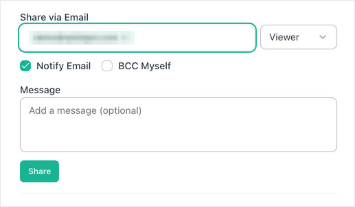 Share via Email block: one address added, role Viewer, Notify Email ticked, BCC Myself, Message box and Share.
