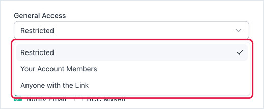 General Access dropdown open showing Restricted (selected), Your Account Members and Anyone with the Link.