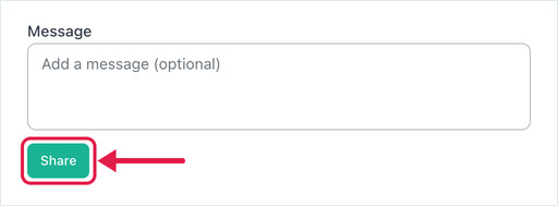 Share via Email block with the Share button highlighted below the optional Message box.