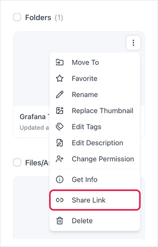 Folder actions menu on a Files/Assets folder card with the Share Link item highlighted.