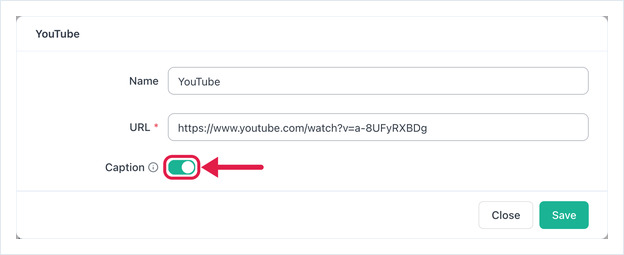El cuadro de diálogo YouTube de OptiSigns con Nombre, URL y el interruptor Subtítulo activado.