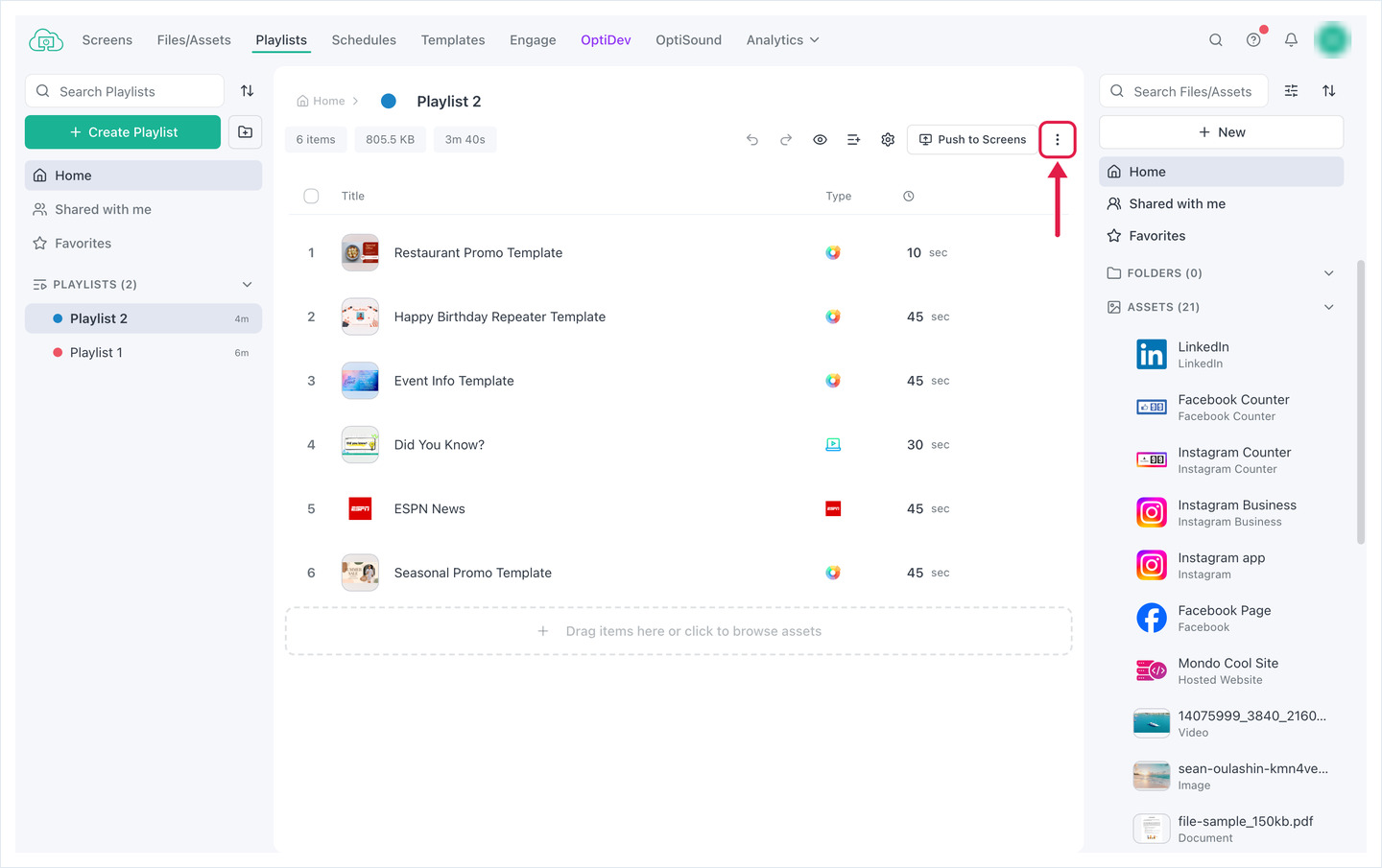 Playlist editor toolbar with the three-dots menu button highlighted