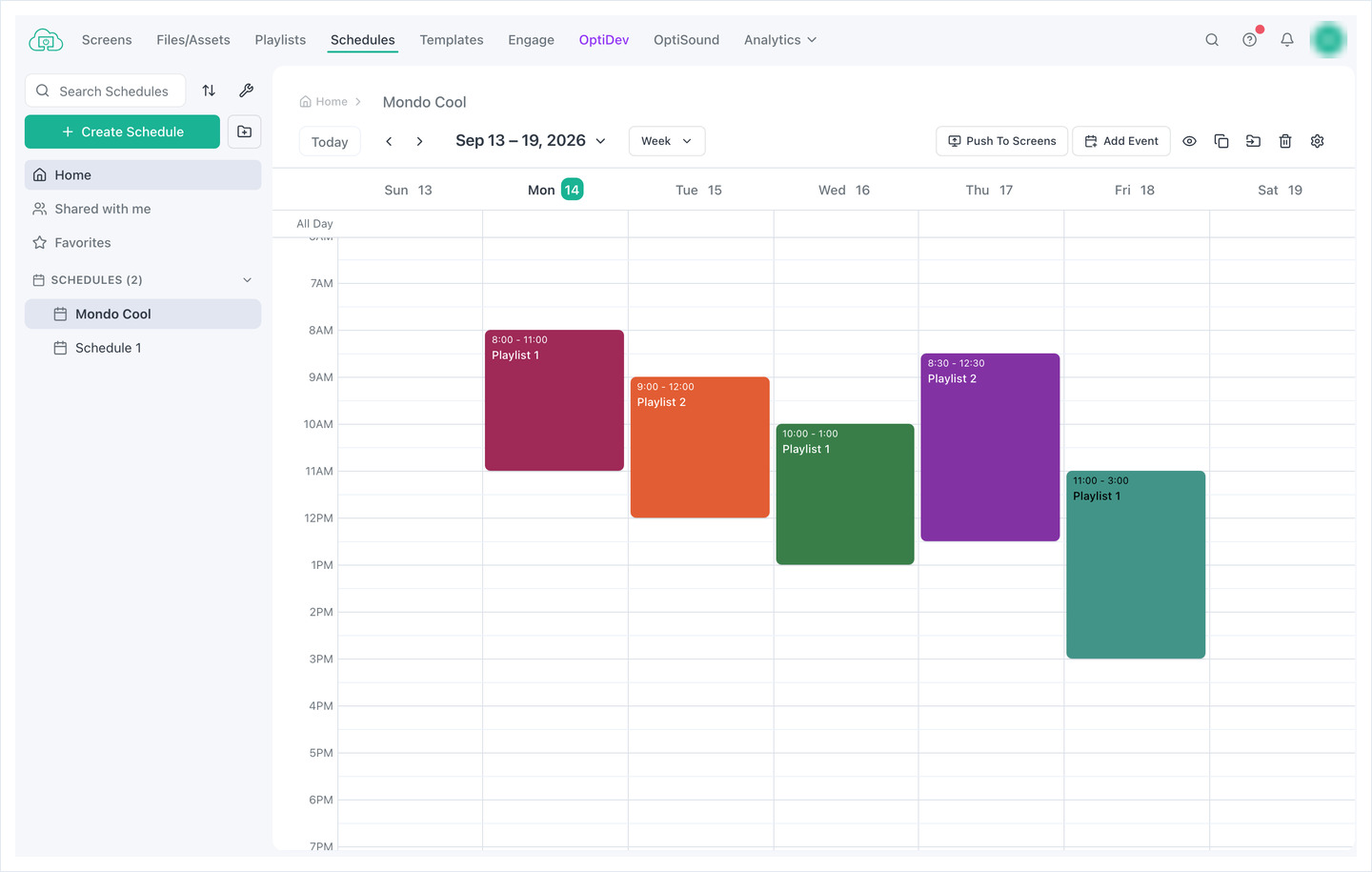 One schedule showing five events in five different colours across a week